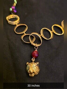 Gold-Tone Tiger Pendant Necklace with Red Bead - Women Jewelry